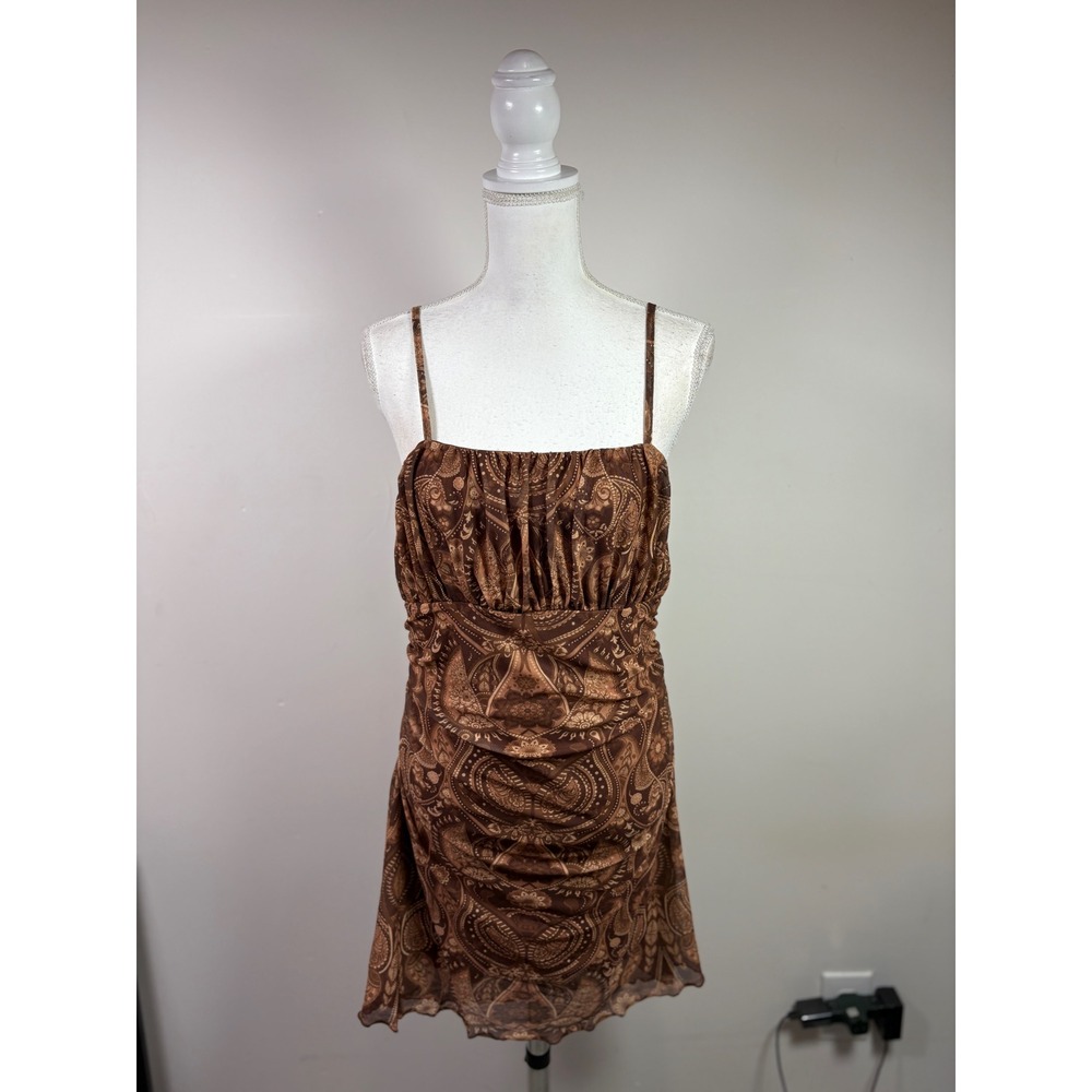 Shein Curve Brown Paisley Mesh Ruched Bodycon Mini Dress 0XL Plus Size Boho
